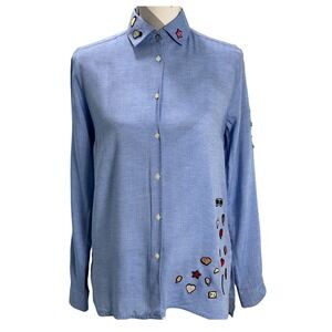Vilagallo Button Down Shirt‎ Size 38 Women's Small Blue Long Sleeve Patches